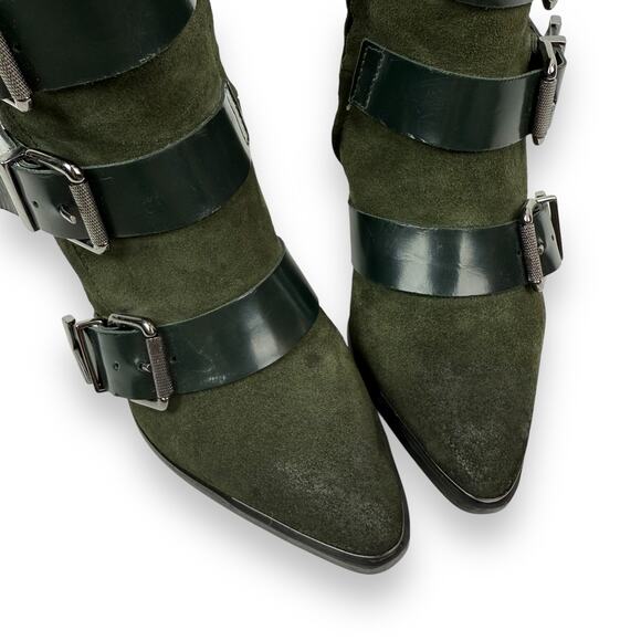 DIESEL green suede strapped buckle heeled pointed toe boots - Picture 5 of 16